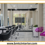 A contemporary and luxurious beauty parlour interior design in Oman, featuring elegant seating, soft lighting, and chic decor.