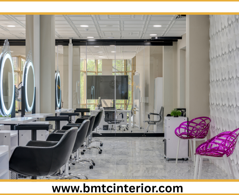 A contemporary and luxurious beauty parlour interior design in Oman, featuring elegant seating, soft lighting, and chic decor.