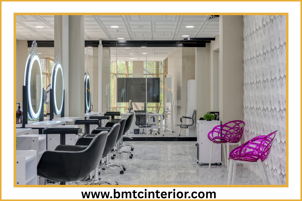 A contemporary and luxurious beauty parlour interior design in Oman, featuring elegant seating, soft lighting, and chic decor.