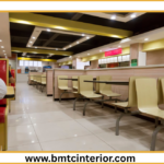 Interior design of a modern cafe or restaurant in Oman, showcasing elements that build customer trust and a welcoming atmosphere.