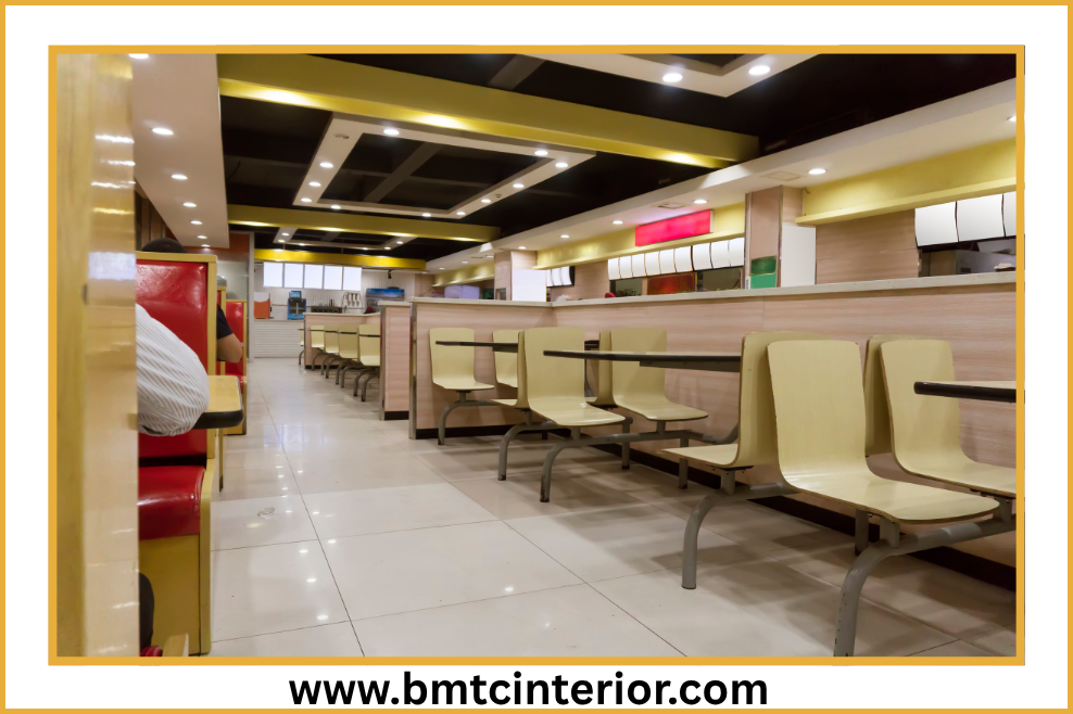 Interior design of a modern cafe or restaurant in Oman, showcasing elements that build customer trust and a welcoming atmosphere.