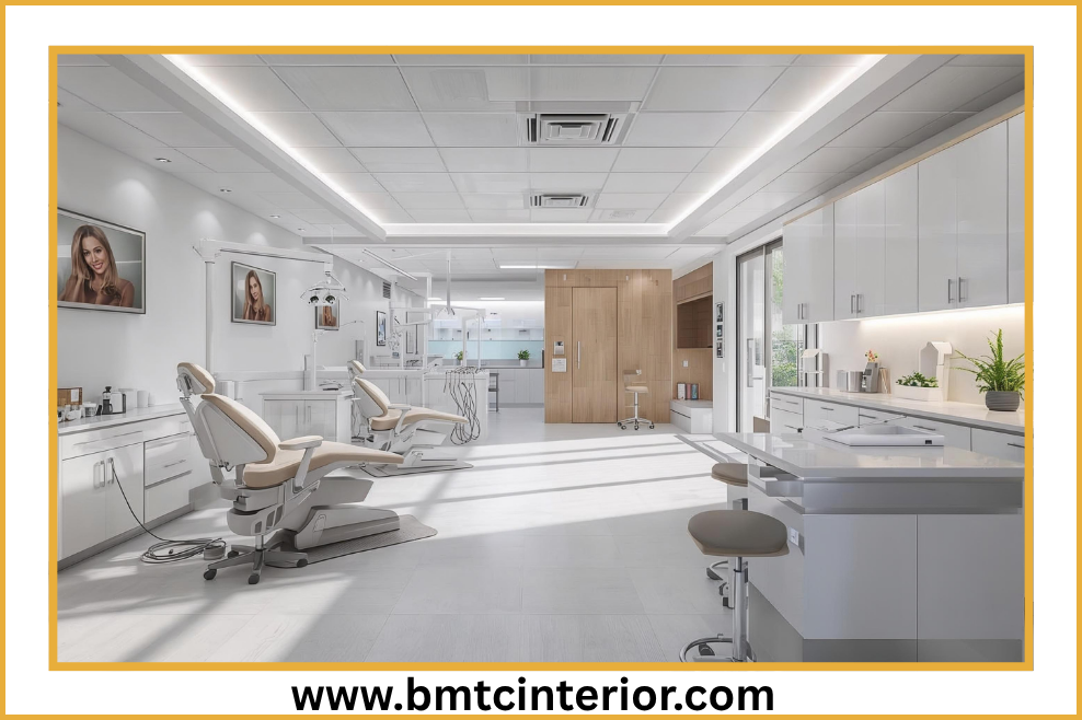 Modern and clean clinic interior design in Muscat, featuring a reception area and consultation room.
