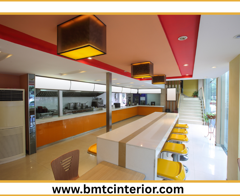 Interior design of a modern fast food restaurant in Muscat showcasing a smart layout for efficient customer flow and quick service.