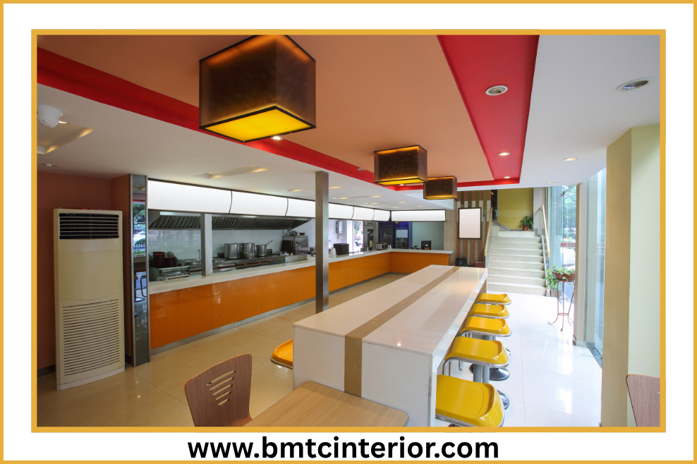 Interior design of a modern fast food restaurant in Muscat showcasing a smart layout for efficient customer flow and quick service.