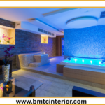 Tranquil spa interior design in Muscat featuring calming colors, natural materials, and soft lighting for a premium wellness experience.