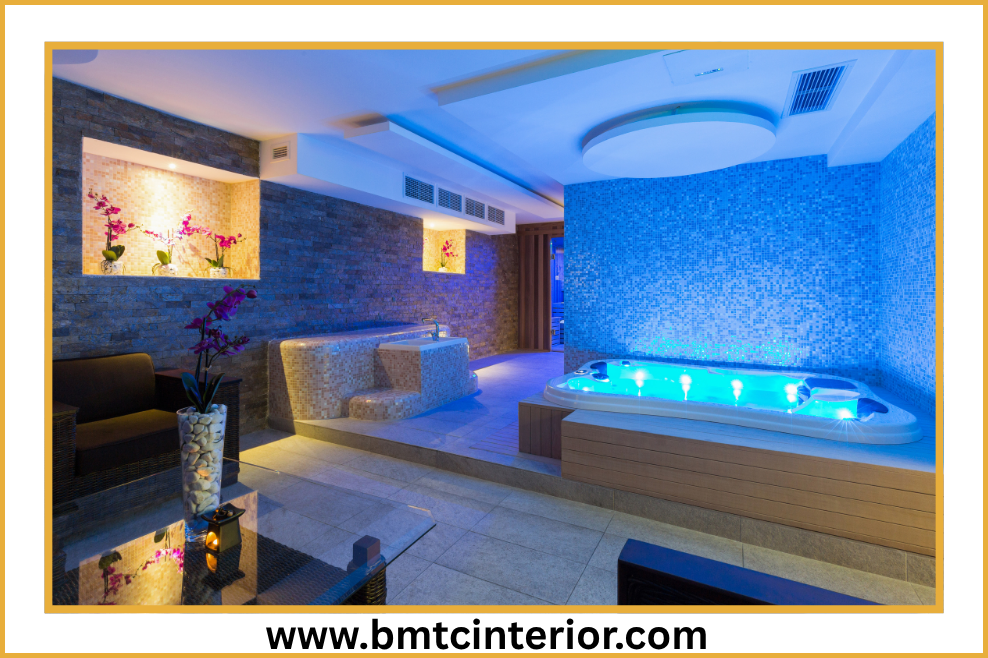 Tranquil spa interior design in Muscat featuring calming colors, natural materials, and soft lighting for a premium wellness experience.