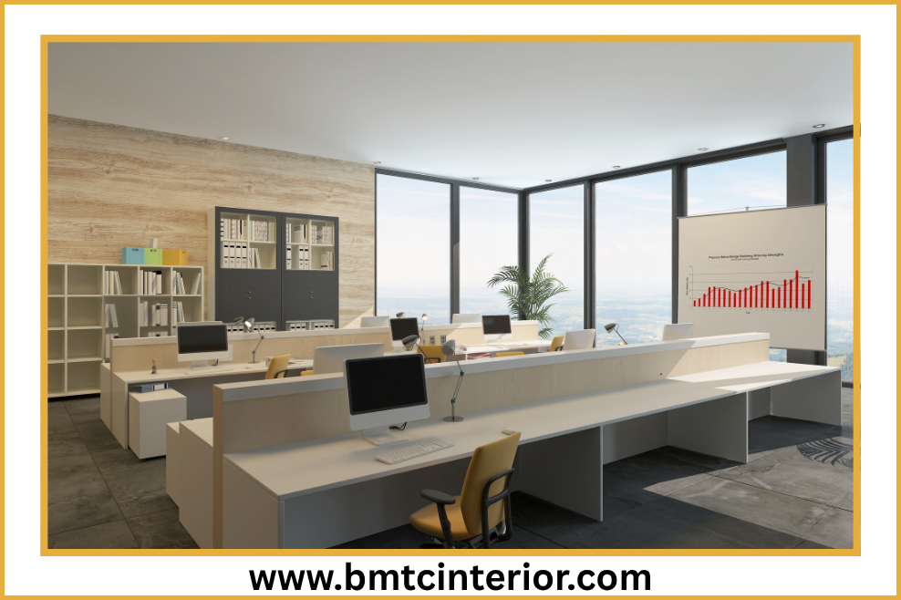 Open plan commercial office space with modern workstations and glass partitions in Muscat Oman