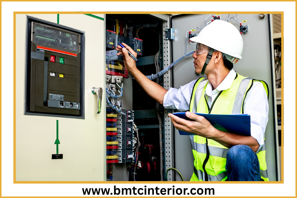 Commercial interior with electrical fit-out including lighting and power installations