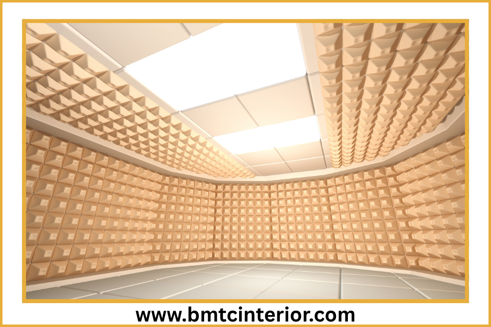 Office interior with acoustic partition and ceiling treatment
