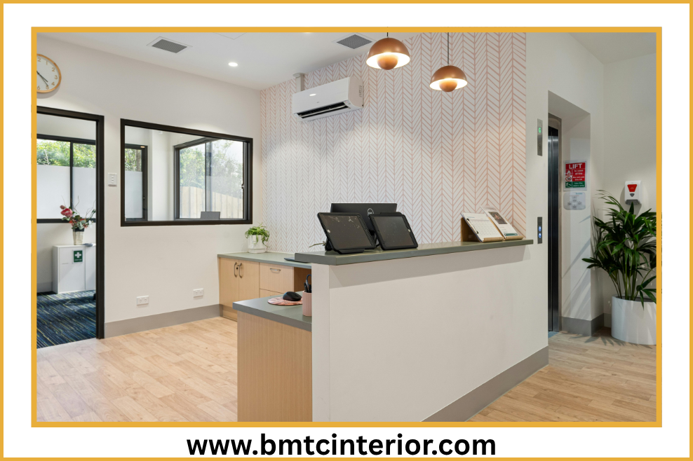 Custom reception desk design in Oman with premium finishes