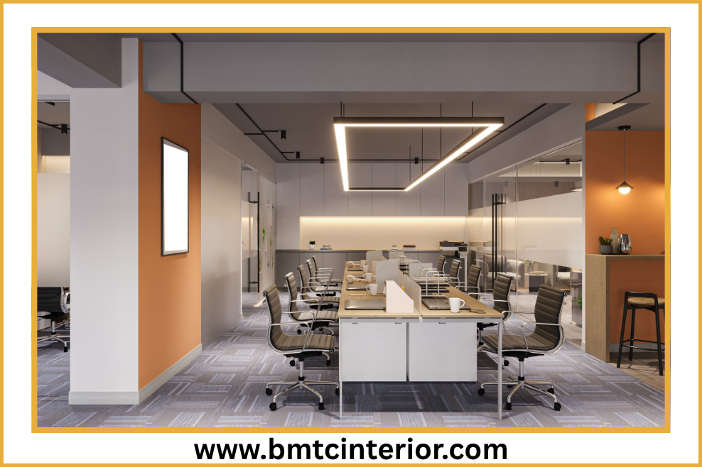 Modern office interior with integrated smart lighting and ceiling systems