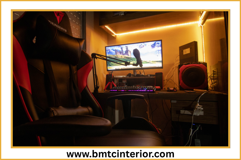 Gaming room interior design with ambient lighting and custom desk setup in Oman