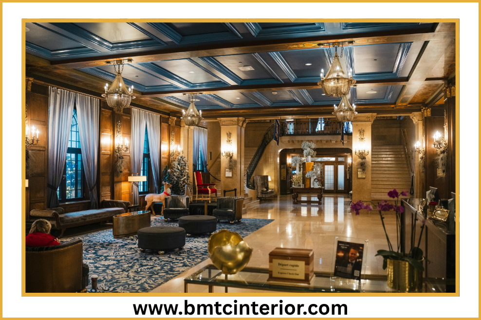 Hotel lobby interior with feature lighting and premium finishes in Oman