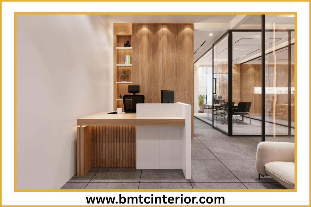 Corporate reception area with custom joinery and branded feature wall in Oman