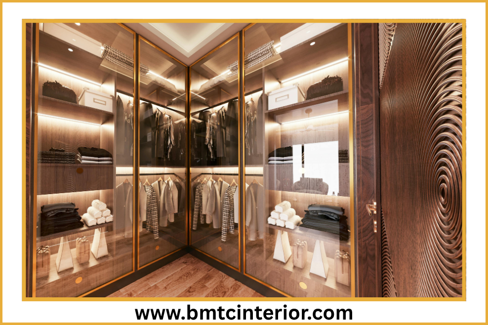 Custom walk-in wardrobe design in Oman with shelving and hanging rails